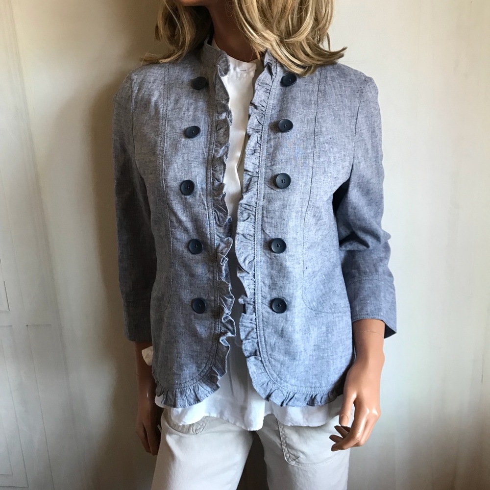 LOFT Light Blue Linen Cotton Ruffle Trim Blazer - Picture 5 of 8
